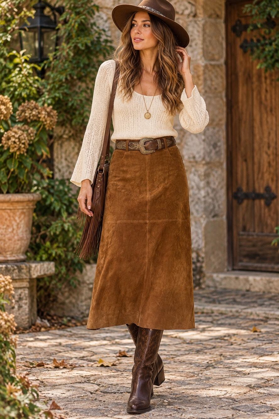 Vintage Genuine Suede Leather Midi Skirt 14 Brown 90s Western Boho Rustic